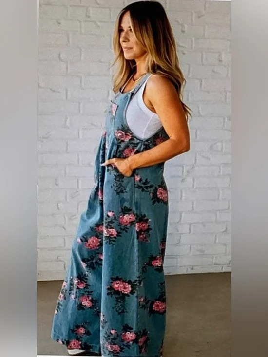 BiBi Blue Floral Denim Jumpsuit with Pink Roses - Picture 3 of 8